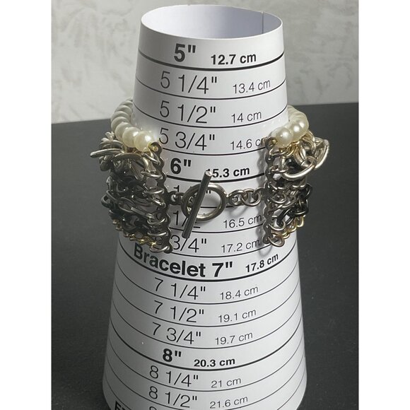 Chunky Multi-Layer Chain & Pearl Bracelet Toggle Clasp For Wrist Circus Of Style - Picture 2 of 3